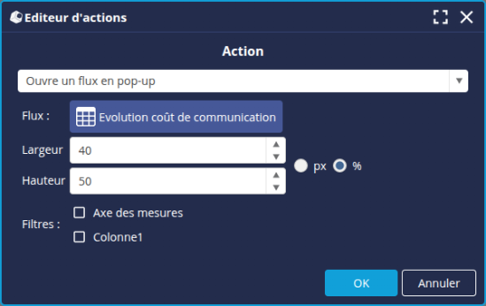 Editeur actions pop up flux