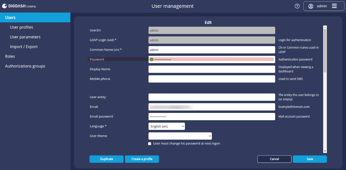 User password