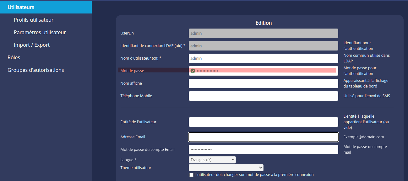 Mot de passe admin