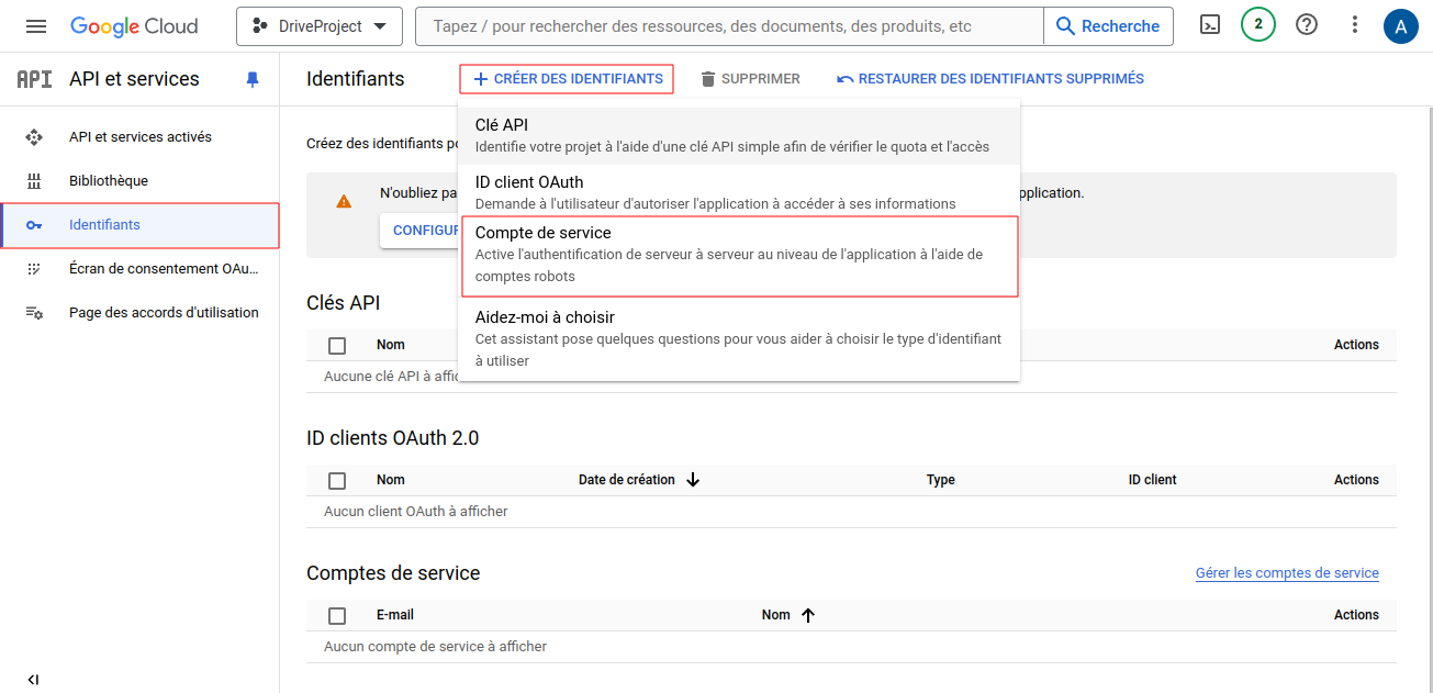 Créer des identifiants